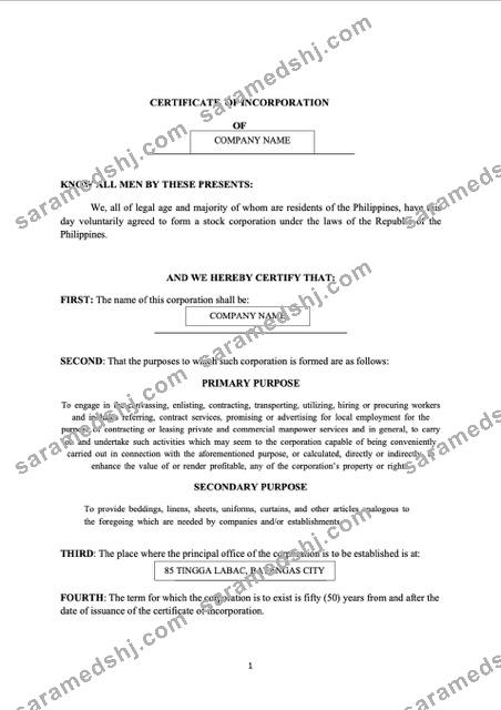 Philippines Batangas certificate of incorporation Word and PDF template